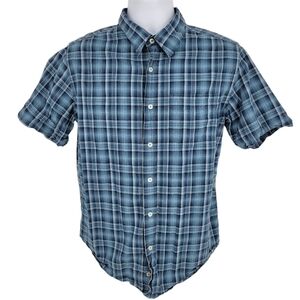 Levis Mens Medium Blue Plaid Red Tab Button Up Short Sleeve 100% Cotton